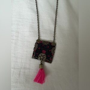 Square Filigree Pendant Necklace with Pink Tassel